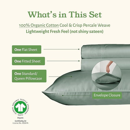 California Design Den Twin Bed Sheets Set - Soft 100% Organic Cotton Percale Sheets, Crisp and Cool, Deep Pockets with Anti-Skid Elastic, Breathable and Durable Bedding Set - Sage Green