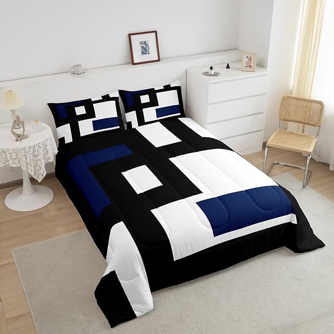 Erosebridal Black and White Striped Comforter Set Toddler Size,Abstract Square Bedding for Kids Teens Adult,Modern Geometric Stripes Bold Lines Quilt,Minimalist Stylish Plaids Duvet Insert