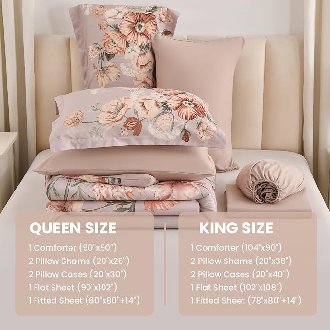 Queen Comforter Set - 7 Pieces Bed in a Bag Khaki Floral Queen Comforter Set with Sheets, Soft Microfiber Flower Complete Bedding Set for All Seasons（Khaki,90"x90"）