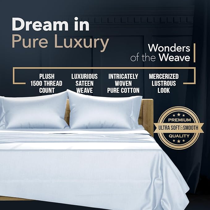 Texas Linen Co. 100% Egyptian Cotton Queen Sheets Set - Luxury 1500 Thread Count Egyptian Cotton Sheets Queen Size Bed Set, 17" Deep Pocket, Soft, Cooling Sateen Hotel Quality Bedding Set - Light Blue