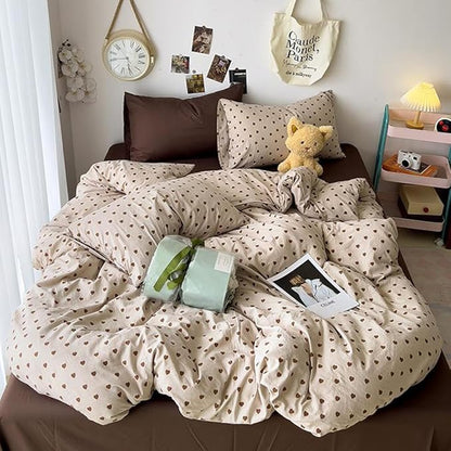 Nayoroom Brown Heart Duvet Cover King Size Vintage Hearts Printed on Taupe Duvet Cover Kids Girls 3 Pieces Soft Microfiber Farmhouse Bedding Set with Zipper Closure