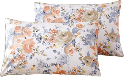 WINLIFE 100% Cotton Pillowcases Set of 2 Watercolor Rose Flowers Printed Pillow Cases Orange Blue Decorative Pillow Cover (Queen 20x30'', Floral)