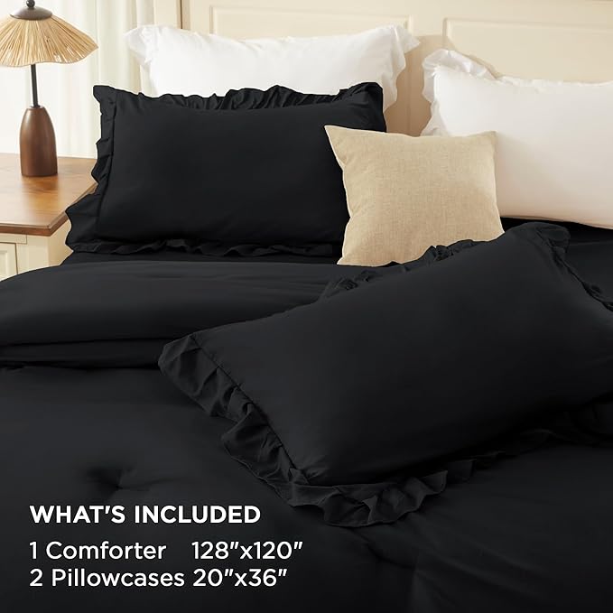 Andency Super King Plus Ruffle Comforter Set 128x120, 3 Pieces Farmhouse Shabby Chic Bedding Set for Adults, Soft Lightweight Oversized California King Comforter Set (1 Comforter 2 Pillowcases), Black