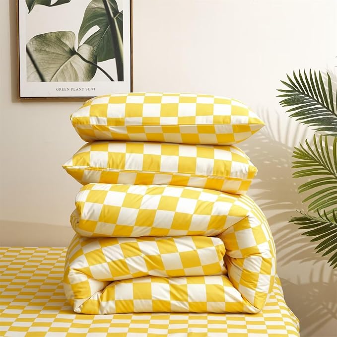 Houseri Plaid Comforter Set - Full Size Yellow Grid Bedding - Teen Girls Preppy Dorm Bedding