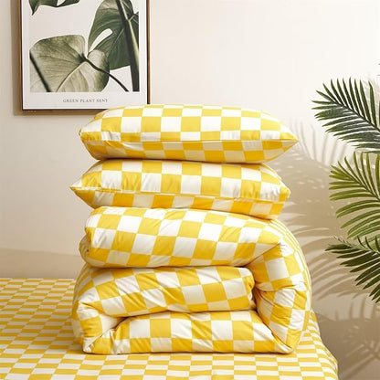 Houseri Plaid Comforter Set - Full Size Yellow Grid Bedding - Teen Girls Preppy Dorm Bedding