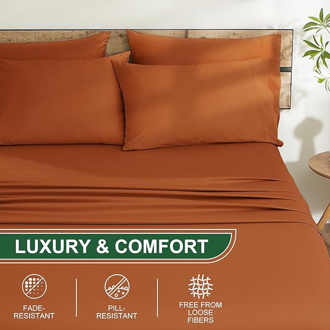 Ivellow 100% Egyptian Cotton Sheets King Size Set - 1200 Thread Count 6 PC 18" Deep Pocket King Size Bed Sheet Set，Durable Hotel Quality Luxury Soft Breathable Burnt Orange Cooling Sheet Sets Bedding