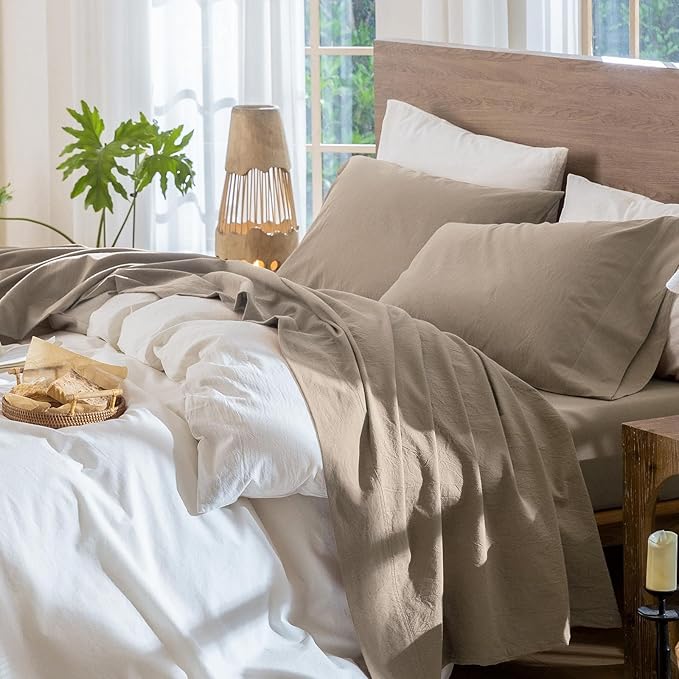 MooMee Bedding Sheet Set 100% Washed Cotton Linen Like Textured Breathable Durable Soft Comfy (Solid Mocha Brown, Full)