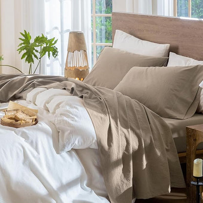 MooMee Bedding Sheet Set 100% Washed Cotton Linen Like Textured Breathable Durable Soft Comfy (Solid Mocha Brown, Full)