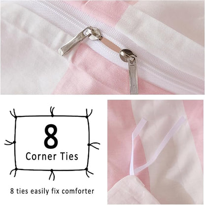 Merryword Pink and White Striped Duvet Cover Set King Size, 100% Cotton Bedding Set with Zipper Closure & 8 Corner Ties, Luxury Linen Like Bedding, Soft Breathable Comforter Cover for All Seasons