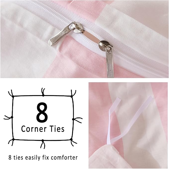 Merryword Pink and White Striped Duvet Cover Set Queen Size, 100% Cotton Bedding Set with Zipper Closure & 8 Corner Ties, Luxury Linen Like Bedding, Soft Breathable Comforter Cover for All Seasons