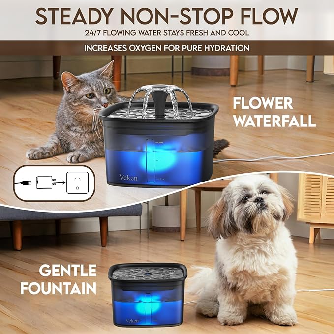 Veken Innovation Award Winner 95oz/2.8L Cat Water Fountain | Automatic Pet Fountain Dog Water Dispenser with Replacement Filters & Silicone Mat for Cats, Dogs (Space Black)