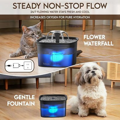 Veken Innovation Award Winner 95oz/2.8L Cat Water Fountain | Automatic Pet Fountain Dog Water Dispenser with Replacement Filters & Silicone Mat for Cats, Dogs (Space Black)