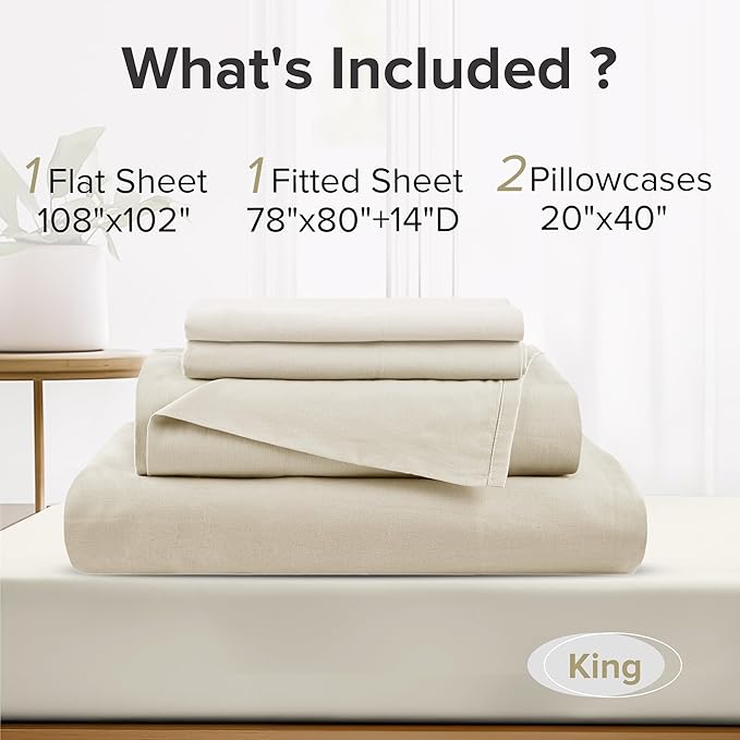 Comfort Spaces 100% Cotton Sheets King, Breathable & Ultra Soft Cotton Sheets, Naturally Cool Cotton Bed Sheets with 14" Elastic Pocket Fits up to 16" Mattress, All Seasons Sheet Set, Cream 4 Piece