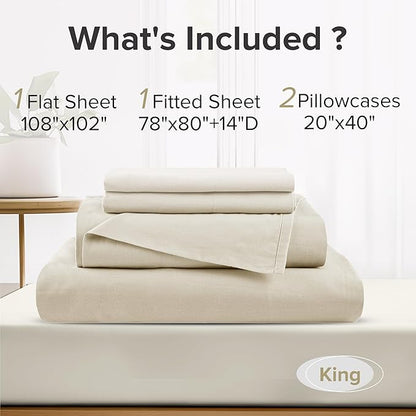 Comfort Spaces 100% Cotton Sheets King, Breathable & Ultra Soft Cotton Sheets, Naturally Cool Cotton Bed Sheets with 14" Elastic Pocket Fits up to 16" Mattress, All Seasons Sheet Set, Cream 4 Piece