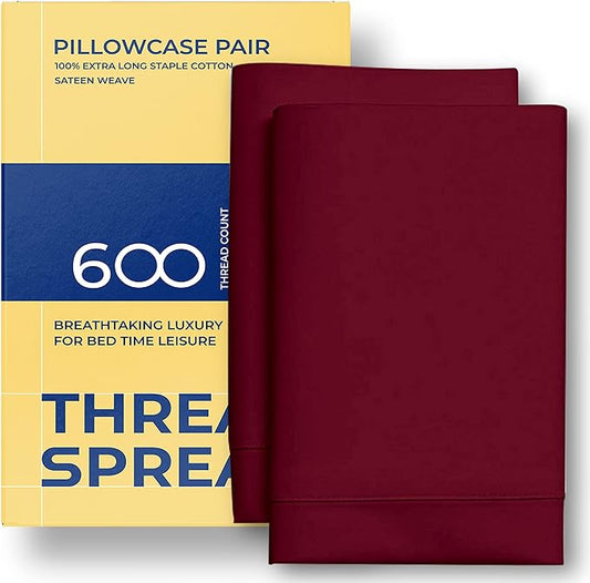 Thread Spread 100% Egyptian Cotton Pillow Cases Queen Size Set of 2 - Luxury 600 Series Bliss Collection Queen Pillow Cases (Burgundy), Soft Cooling Hotel Cotton Pillowcases, Sateen Finish