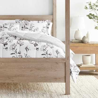 LINENS & HUTCH Comforter Set Patterned Microfiber All Season Down-Alternative Ultra Soft Bedding in Vintage Magnolia Stripe - Full/Queen Vintage Magnolia Stripe Gray
