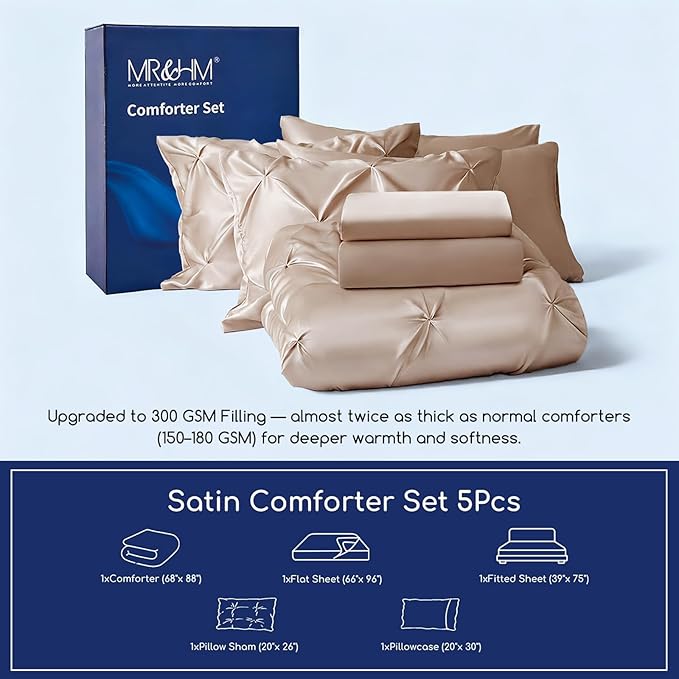 MR&HM Satin Comforter Twin 5 Pieces - Luxurious Pinch Pleat Bedding Set with Comforter, Flat Sheet, Fitted Sheet, Pillowcase & Sham, Super Silky Soft Bed Set for All Season (Twin, Champagne)