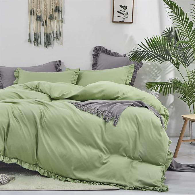 CLOTHKNOW Green Ruffle Queen Comforter Set Farmhouse Bedding Comforter Sets Sage Green Shabby Chic Comforter with 2 x Pillowcases