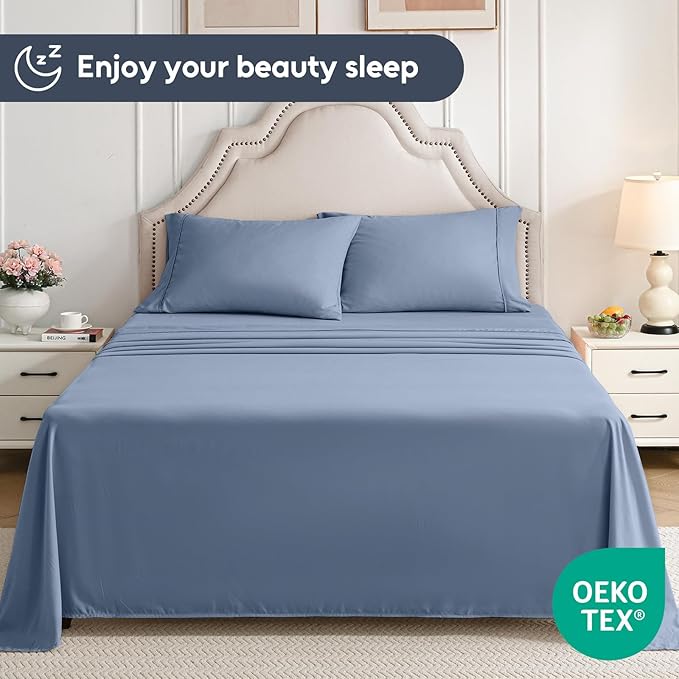 Queen Sheet Set, 4 Pieces Hotel Luxury Soft Microfiber Queen Bed Sheets Set, Up to 16" Deep Pockets, Oeko-Tex Sheets with Elastic, Breathable, Wrinkle Free (Grey Blue, Queen)