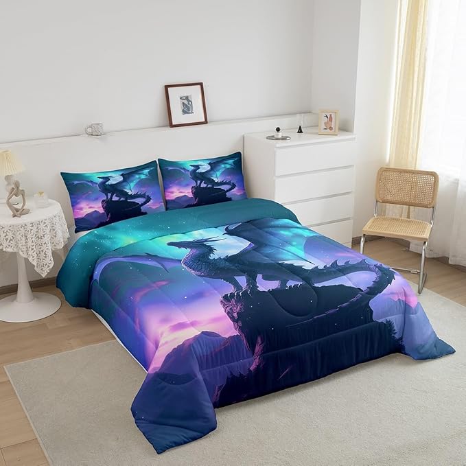 Blue Purple Nebula Galaxy Bedding Set for Kids Boys Girls Room Decor,Dragon Comforter Set Twin Size,Mountain Wildlife Nature Duvet Insert 2Pcs,Western Magical Dragon Soft Quilt Set,1 Pillowcase