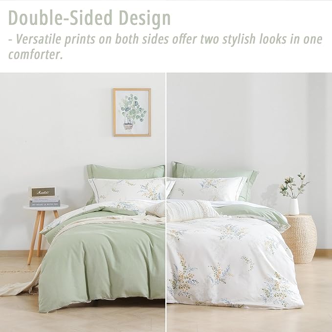 White Cotton Comforter Queen Size 3Pcs - Blue Branches & Orange and Green Buds on White, Chevron Sage Green Back, Reversible Lightweight Bedding Sets with Soft Fill(Queen, 90"×90")