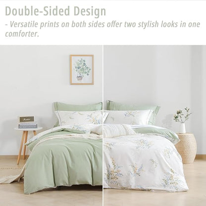 White Cotton Comforter Queen Size 3Pcs - Blue Branches & Orange and Green Buds on White, Chevron Sage Green Back, Reversible Lightweight Bedding Sets with Soft Fill(Queen, 90"×90")