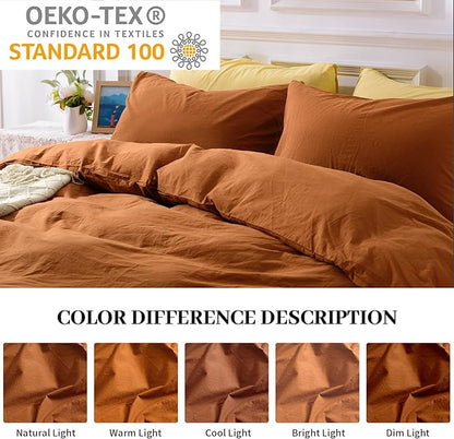 NEXHOME PRO Duvet Cover Set 100% Washed Cotton Super King 108"x98", Organic Natural Linen Look Textured 3 Pieces Bedding Set Terracotta Burnt Orange with Zipper Closure, Soft (No Comforter)
