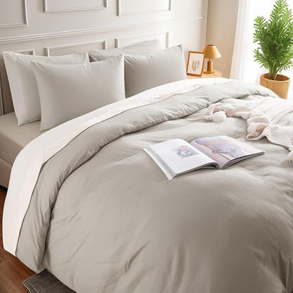 NEXHOME PRO Duvet Cover Twin Size, 100% Washed Cotton Orgnic Linen Like Textured Breathable Durable Comfy, Cream Grey