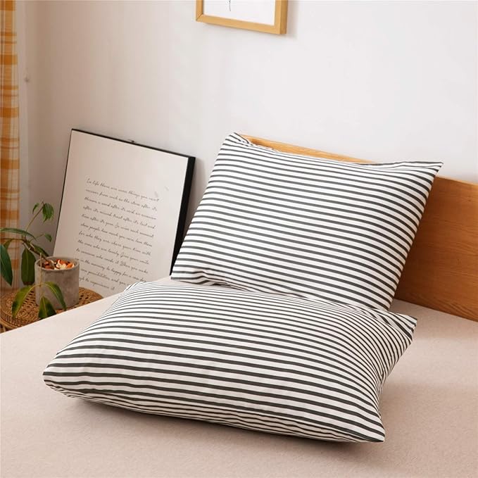 JELLYMONI 100% Natural Cotton 2pcs Striped Duvet Cover Sets,White Duvet Cover with Dark Grey Stripes Pattern Printed Comforter Cover,with Zipper Closure & Corner Ties(Twin Size)