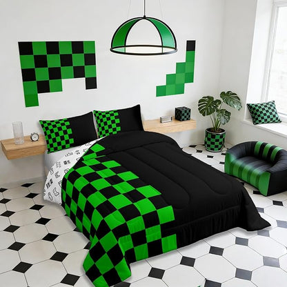 Geometric Plaid Kids Bedding Set Queen Size,Patchwork Grid Video Games Comforter Set，Simple Lattice Abstract Quilt Comforter,Black & Green Bedroom Duvet Insert,2 Pillowcases