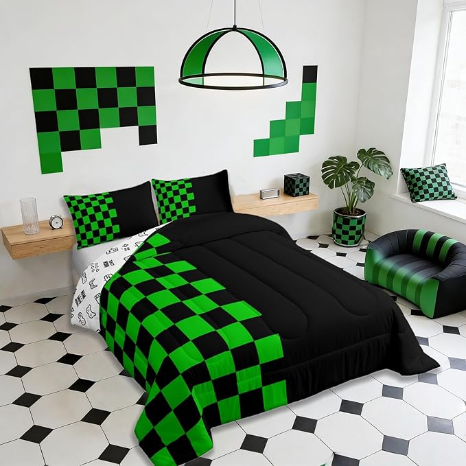 Geometric Plaid Kids Comforter Set Full Size,Patchwork Grid Video Games Bedding Set,Boys Room Decor,Simple Lattice Abstract Quilt Comforter,Black & Green Duvet Set Bedroom Quilt Set,2 Pillowcases