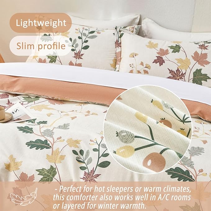 Botanical Cotton Comforter King Size - Luxurious Design with Maple Leaves and Branches on Beige, Textured Maple Orange Back, 3PC Lightweight Bedding Set with Ultra-Soft Alternative Fill