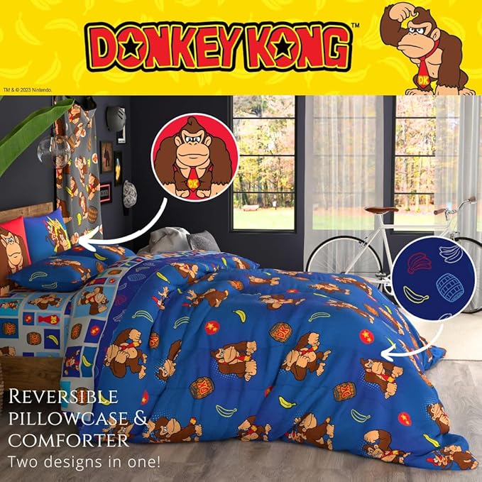 Collectibles Nintendo Donkey Kong Gaming Bedding 7 Piece Super Soft Reversible Comforter and Sheet Set with Sham, Full, (Officially Licensed Product) By Franco