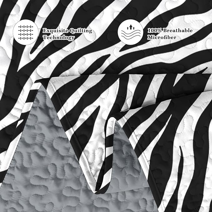 Quilt Set King Size, Zebra Stripe Animal 3 Pcs Soft Bed Cover Bedding Set for Kids and Adults, Black White Lightweight Bedspread Coverlet with Pillow Sham for All Season