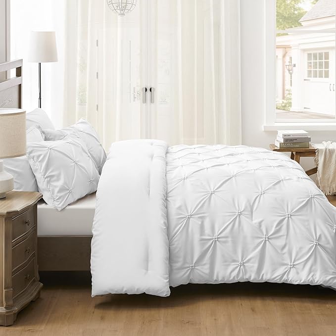 UNIKOME Queen Comforter Set White - Ultra Soft Boho Pintuck Down Alternative Bedding Set for All Seasons, 3 Pieces Lightweight Warm Pinch Pleat Bed Set with Comforter, 2 Pillowcases