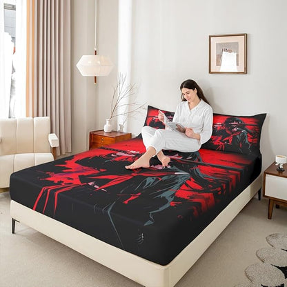 Erosebridal Japanese Anime Bedding Set for Kids, Anime Girl Fitted Sheet Twin Size Japanese Girl Bed Sheets for Girls Teens Adult, Kawaii Animation Red Black Sheets, Machine Washable
