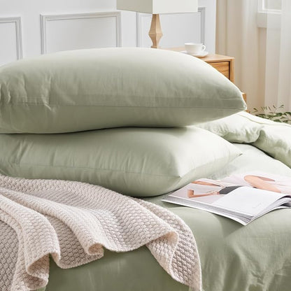 NEXHOME PRO Full Duvet Cover Set – 100% Certified Organic Cotton with Washed Feel & Linen-Like Texture, Comfortable & Breathable, Home Bedding Set Sage Green (No Comforter)