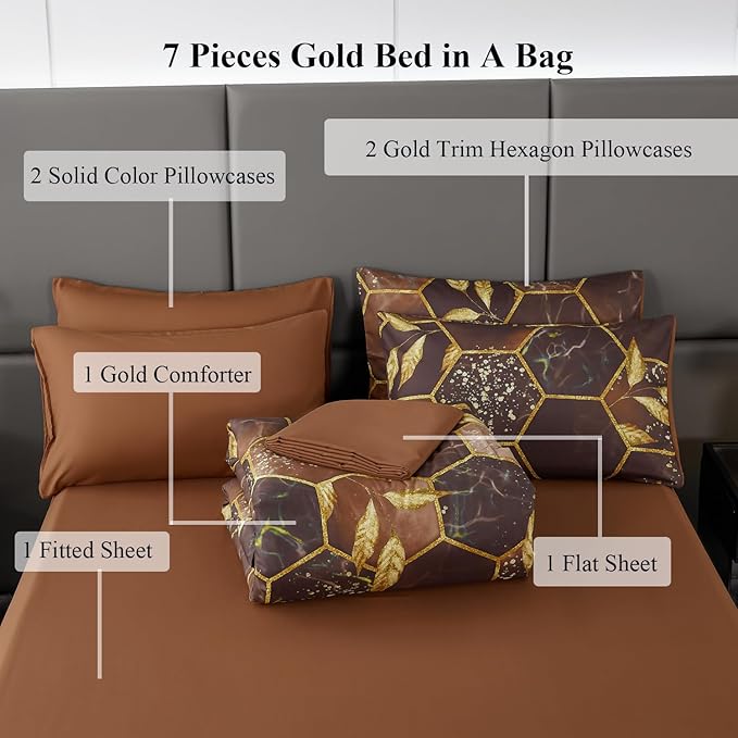 ANGIYUIN 7 Pcs Brown Comforter Sets Queen 3D Honeycomb Bed in A Bag Marble Watercolor Comforter Bedding Sets Foil Print Bed Sets with Matched Sheets Pillowcases(Brown, Queen)