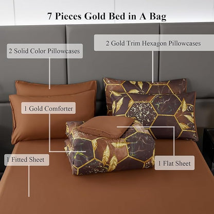 ANGIYUIN 7 Pieces Taupe Gold Comforter Set Geometric Bed in A Bag Full Honeycomb Hexagon Bedding Marble Watercolor Bedding Sets Foil Print Bed Comforter Sets with Pillowcases Sheets (Brown, Full)