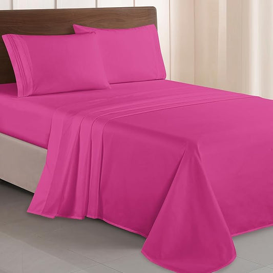 Elegant Comfort Luxurious 1500 Premium Hotel Quality Microfiber Three Line Embroidered Softest 4-Piece Bed Sheet Set, Wrinkle and Fade Resistant, King, Hot Pink