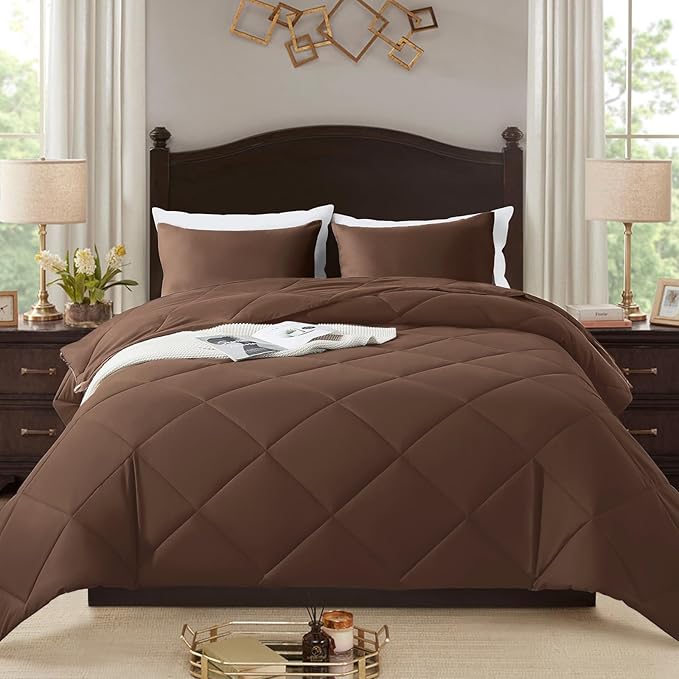 3-Piece Full Comforter Set,All-Season,Soft & Hypoallergenic &Breathable Bedding,Polyester Quilted,Down Alternative(Comforter*1 & Pillowcases*2),Chocolate