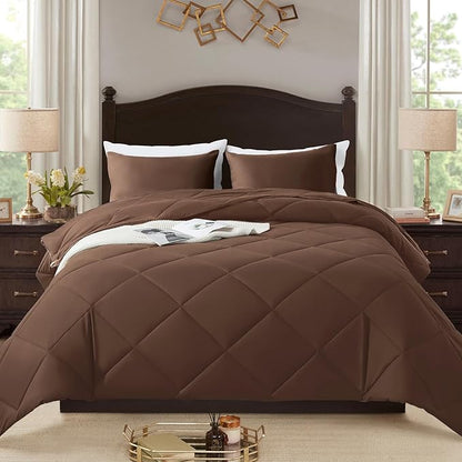 3-Piece Twin Comforter Set,All-Season,Soft & Hypoallergenic &Breathable Bedding,Polyester Quilted,Down Alternative(Comforter*1 & Pillowcases*1),Chocolate