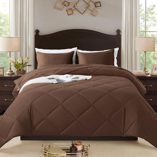 3-Piece Twin Comforter Set,All-Season,Soft & Hypoallergenic &Breathable Bedding,Polyester Quilted,Down Alternative(Comforter*1 & Pillowcases*1),Chocolate
