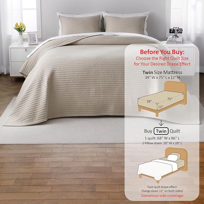 Twin Quilt Set – 68"x86" Soft Washed 3-Layer Lightweight Bedspread with Multi-Lock Quilting, Minimalist Nordic Bedding, All-Season Quilt for Spring, Summer & Fall (1 Quilt + 2 Pillow Shams),Oatmeal