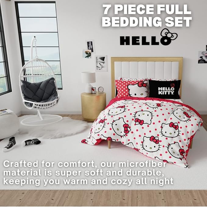 Hello Kitty Polka Dot Bedding 7 Piece Super Soft Comforter and Sheet Set with Sham, Full, (Official Licensed Product) by Franco Collectibles