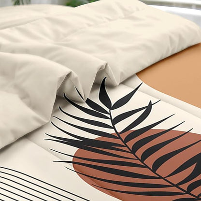 Comforter Set Twin Size, Boho Mid Century 5 Pcs Bedding for Kids and Adults, Sun Orange Leaves Bed Sheet Sets with Fitted Sheet Pillowcase & Sham for Bedroom Bed Decor