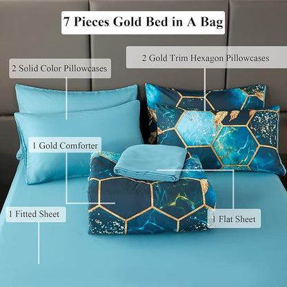 ANGIYUIN Teal and Gold Honeycomb Full Comforter Set, 7Pcs Geometric Hexagon Bedding Decor Gold Trim Bed in A Bag, Watercolor Foil Print Bed Comforter Sets with Sheets Pillowcases (Teal Full)