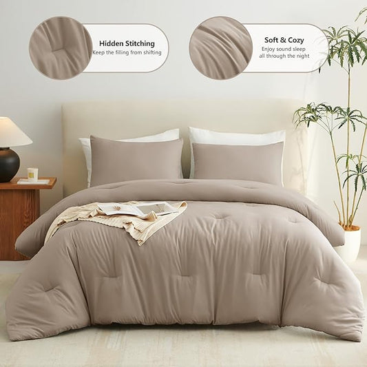 CozyLux King Size Comforter Set Khaki, 3 Pieces Solid Comforters King Size Breathable Quilted Bedding Sets, Luxury Soft Lightweight Bed Set with Down Alternative Comforter and 2 Pillowcases All Season