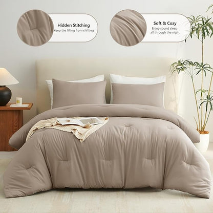 CozyLux Full Size Comforter Set Khaki, 3 Pieces Solid Breathable Quilted Bedding Sets, Luxury Lightweight Soft Bed Set with Down Alternative Comforter and 2 Pillowcases for All Seasons