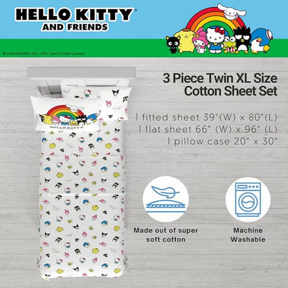 Collectibles Hello Kitty & Friends Bedding Super Soft Cotton 3 Piece Twin XL Sheet Set, College Dorm Essentials, (Officially Licensed Product) by Franco